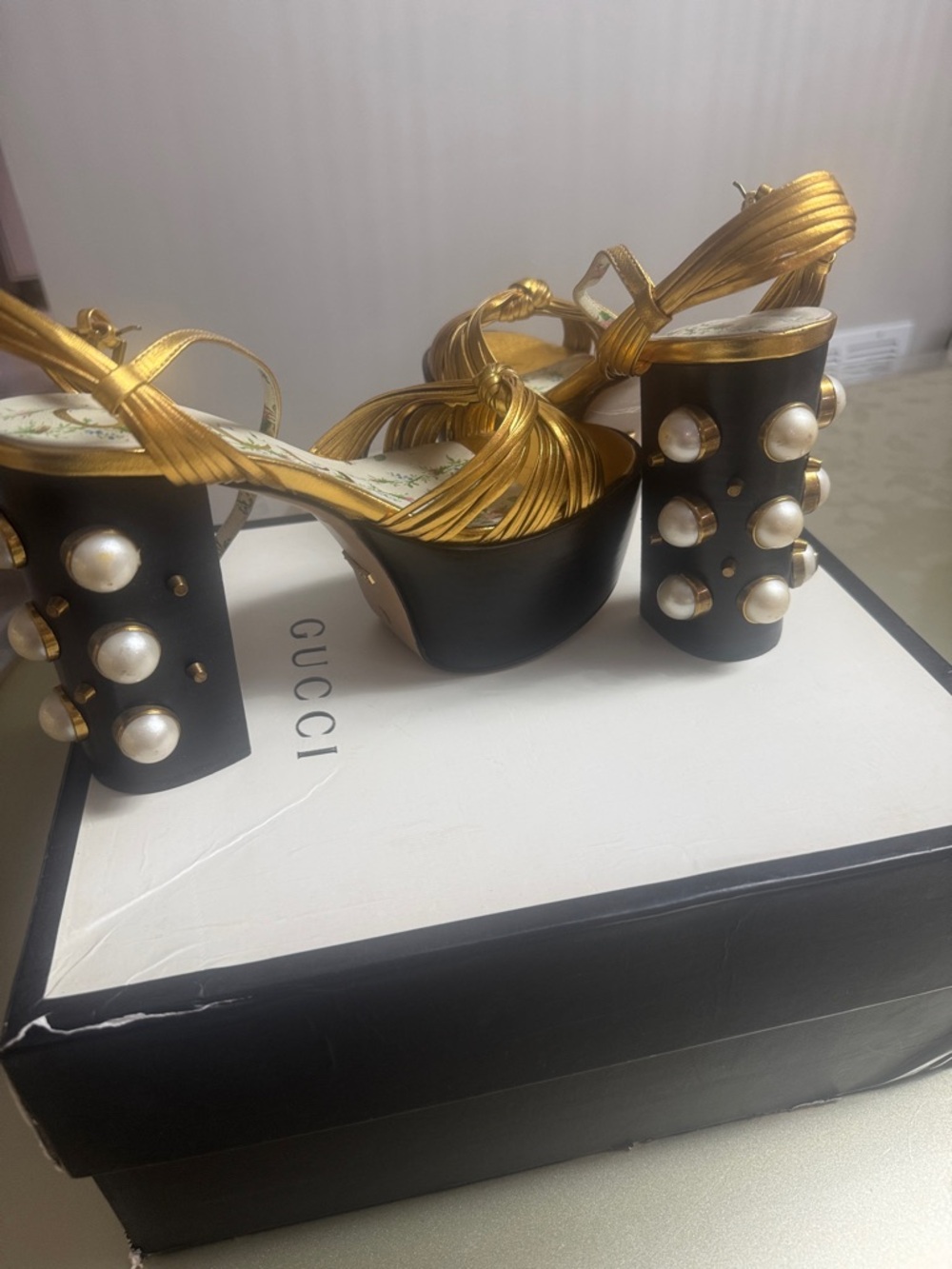 Gucci Gold Metallic Pearl-Embellished Platform Sandals - Picture 3 of 8